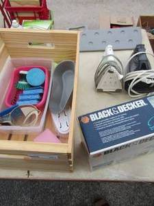 lot 261 image: Power glyde and T- fol irons qty 2, wooden crate, Black & decker Scum buster