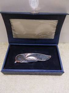 lot 17 image: Really Nice Pocket Knife in Box with Skull and Skeleton Riding Motorcycle--See pics