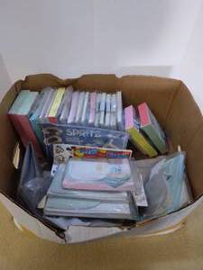 lot 39 image: Lg Box of Party Supplies including sticker, patches, banners, baby shower invites, etc...