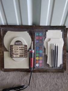 lot 47 image: Wood Burning Artists Kit--Brand New--Comes with Wood, Heating Wand, Paints, Brushes and Pencils