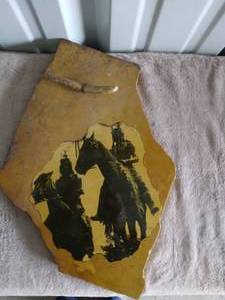 lot 89 image: Native American Artwork on Granite-- Two Native Americans on Horses and Deer Antler