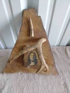lot 90 image: Native American Artwork on Granite--Deer Antlers and Native American Cheif