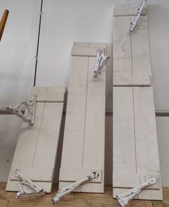 lot 10 image: (3) POTTERY BARN WOODEN SHELVES WITH MOUNTING BRACKETS AS SHOWN.