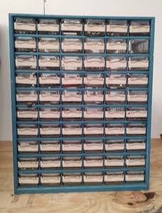 lot 19 image: 60-COMPARTMENT HARDWARE BIN CABINET WITH CONTENTS AS SHOWN.