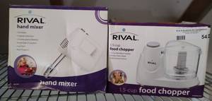 lot 54 image: RIVAL HAND MIXER AND FOOD CHOPPER IN BOXES AS SHOWN.