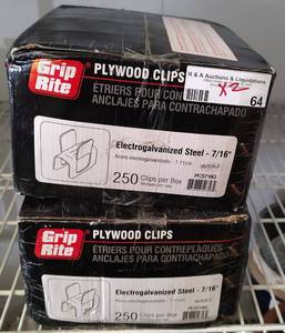 lot 64 image: (2) BOXES OF GRIP RITE ELECTROGALVANIZED STEEL 716 PLYWOOD CLIPS AS SHOWN. 250 PER BOX. (SOLD 2 X THE MONEY)