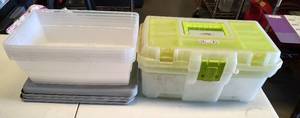 lot 94 image: PLASTIC SHOE BOXES AND TOOL BOX AS SHOWN.