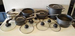 lot 129 image: LOT OF POTS, PANS AND LIDS AS SHOWN.