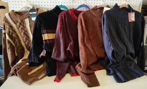 lot 138 image: (5) SWEATERS WITH TAGS IN ASSORTED STYLES AND SIZES AS SHOWN. (SOLD 5 X THE MONEY)