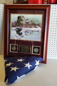 lot 235 image: U.S. FLAG AND MILITARY THEMED PLAQUE AS SHOWN.