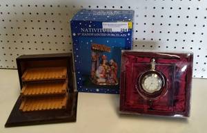lot 284 image: PORCELAIN NATIVITY, SHANNON CLOCK AND MORE AS SHOWN.