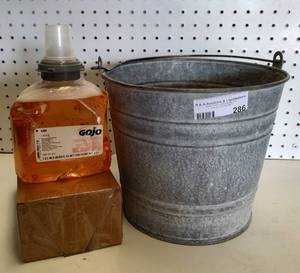 lot 286 image: GALVANIZED PAIL AND HAND SOAP AS SHOWN.