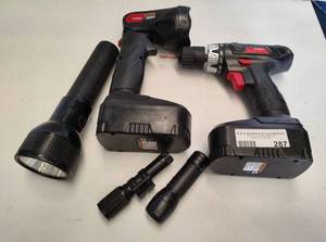 lot 287 image: LOT OF DRILLS AND FLASH LIGHTS AS SHOWN.