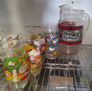 lot 333 image: VINTAGE COLLECTIBLE MCDONALDS GLASSES AND COCA-COLA PITCHER AS SHOWN.