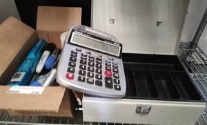 lot 336 image: MONEY BOX, CALCULATOR, MARKERS AS SHOWN.