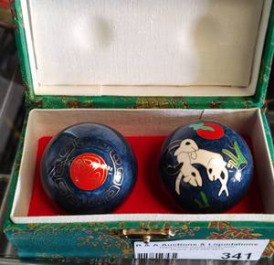 lot 341 image: CHINESE CLOISSONE BAODING BALLS IN BOX AS SHOWN.