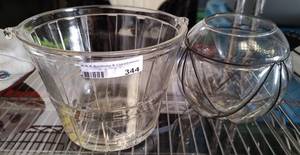 lot 344 image: GLASS ICE BUCKET AND CANDLE HOLDER AS SHOWN.