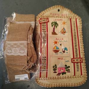 lot 366 image: BURLAP SILVERWARE HOLDERS PLUS CALENDAR AS SHOWN.