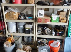 lot 382 image: (2) FOUR TIER PLASTIC SHELVES AS SHOWN. CONTENTS NOT INCLUDED. (SOLD 2 X THE MONEY)