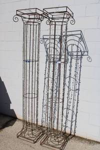 lot 21 image: (2) Wire metal Display columns with plastic flat bead strands 7 ft. tall x 14.5 square bases