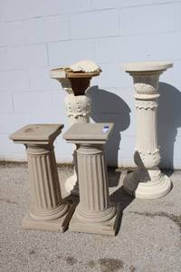lot 26 image: Display columns (2) Classic Columns 2ft. Tall x 10 square base, and (2) 3ft. Tall 13.5 round bases (one needs re-glued as shown) lightweight and easy to move