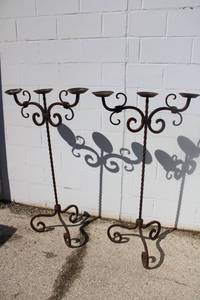 lot 35 image: (2) Heavy Wrought Iron 3-candle Floor Candelabras 52Tall x 30.5W