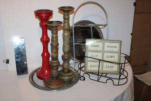 lot 64 image: Misc. Dcor Wooden candle sticks, silver trays, mirror block, place card tiles