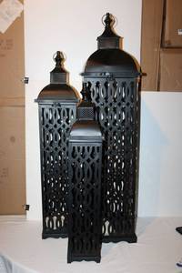 lot 60 image: set of 3 Black Lanterns (water bottle in picture is for size comparison)