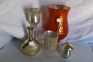 lot 164 image: (3) Large orange mercury vases, (2) narrow gold vases, long-stemmed candle holder, mercury glass mushroom, see pictures