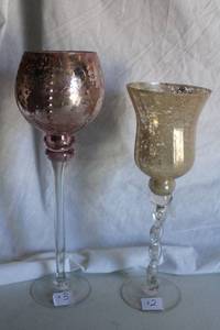 lot 166 image: (5) Long-stemmed pink and gold mercury glass candle holders
