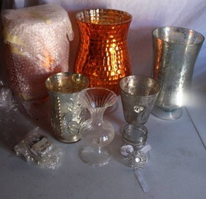 lot 169 image: (2) Large mercury glass vases - 16Tall x8W, Silver mercury vases, clear ribbed vase and decorative pins