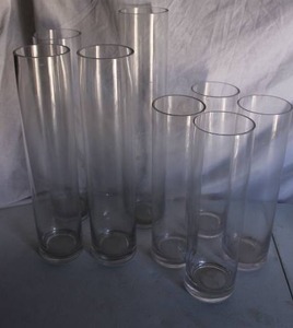 lot 230 image: (8) Clear round vases mixed sizes - (1) 4x20, (3) 4x18, (4) 4x14
