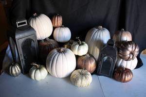 lot 5 image: Mixed assortment of Decorative Pumpkins, Sequined apple, and Lanterns