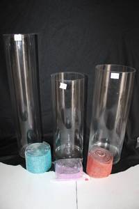lot 252 image: (3) Clear glass vases and colored rhinestone mesh rolls - mixed sizes
