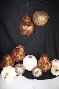 lot 212 image: Sequined pears, apple, and mixed decorative pumpkins