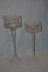 lot 201 image: (5) Clear long-stemmed candle holders - (3) 14, (2) 11.75