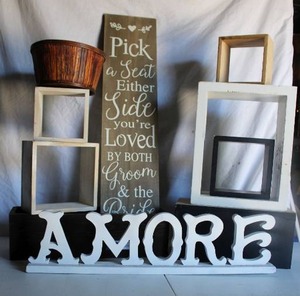 lot 134 image: Decorative Bride and Groom Seating Sign, Wood AMORE sign, and wood boxes as shown
