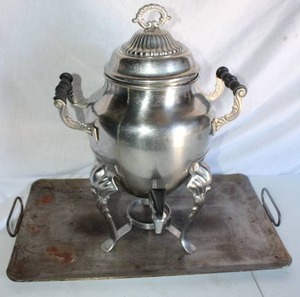 lot 4 image: Steel Tray and Silver Plate Samovar Coffee Tea Urn