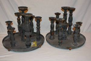 lot 79 image: (3) Black painted metal and wood candle holders as shown