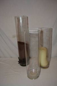 lot 97 image: Mixed Clear Glass Vases - (2) 4W x 14 Tall, (4) 4W x 18 Tall (one with coffee grounds)