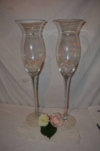 lot 3 image: (2) Clear Glass Pedestal Vases plus accessories as shown - 7W x 28 Tall