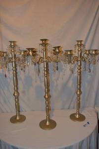 lot 108 image: (3) Gold painted candelabras 32 Tall x 16W (some dangles may be missing)