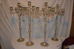 lot 109 image: (4) Gold painted candelabras 32 Tall x 16W (some dangles may be missing)