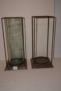 lot 75 image: (10) Square metal vase holders with glass vase plus one empty as shown - 16 Tall x 7 square base