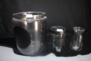 lot 278 image: Glass jars - (3) 4x6,  (3) 10x10  (2 have lids)  plus small vase