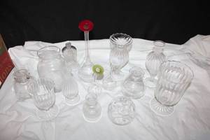 lot 304 image: Mixed variety of Clear glassware Ribbed vases, Red, green and white bud vases, terrarium - 2 Boxes