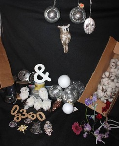 lot 311 image: Decorating Accessories Owls, ornaments, white styrofoam balls, cotton buds, ribbons