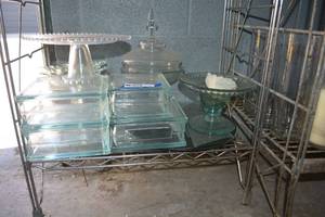 lot 302 image: Clear glass blocks, cake plate, compotes