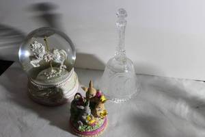 lot 31 image: Unicorn Snow GlobeMusic Box, Unicorn Bell and Bunny Figurine
