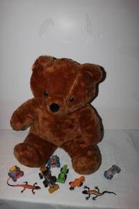 lot 62 image: Large Teddy Bear, 1.5 Feet tall in seated Postion, and Ertl John Deere Road Grader in excellent Condition and other small toys as shown in pictures